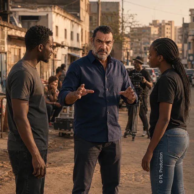Pascal Feixes dirige deux comédiens sur un tournage PL Production à Dakar.