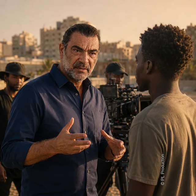 Pascal Feixes en discussion avec un acteur pendant un tournage PL Production à Dakar.