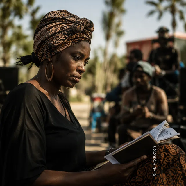 Actrice en lecture de script sur un tournage PL Production à Dakar.